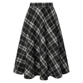 Belle Poque Women's Fall Midi Plaid Skirts A Line High Waisted Long Tartan Skirts Flared Pleated Kilt Skirt with Pockets Black and White