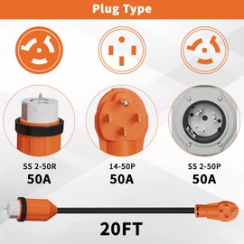 Gloppers 50 Amp Generator Cord and Power Inlet Box 20FT 50 Amp 125V/250V STW 6/3+8/1 AWG Pure Copper Generator Extension Cord,NEMA 14-50P Male to SS2-50R Twist Locking Connector ETL Listed