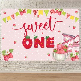Strawberry Sweet One Birthday Backdrop Banner Decor Pink - Berry Fruits Happy 1st Birthday Party Theme Decorations for Baby Girls Supplies