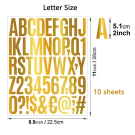 10 Sheets Glitter Letter Stickers, Vinyl Mailbox Numbers Alphabet Stickers, Self Adhesive Waterproof Decals for Mailbox, Bulletin Board, Window,Door, Sign, Address (2Inch Glitter Gold)