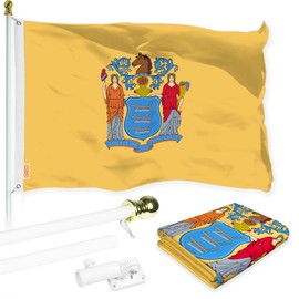 G128 Combo Pack: 6 Ft Aluminum Spinning Flagpole (White) & New Jersey NJ State Flag 3x5 Ft, LiteWeave Pro Series Printed 300D Polyester | Pole with Flag Included
