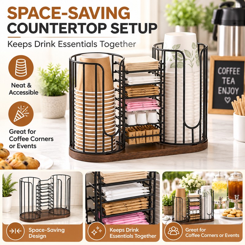 3 Compartment Coffee Cup Organizer with Lid and Straw Holder,