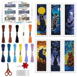 BEUNITONE 6 Pcs Cross Stitch Bookmark Kit for Beginner Black Moon Animals Counted Cross Stitch Kit with Instruction Stamped Embroidery Bookmarks Handmade for DIY Crafts Book Lovers 8.5''x3''