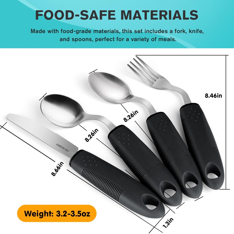 AuntyFey 4Pcs Weighted Adaptive Utensils, 45°Angled Parkinsons Utensils for Elderly,