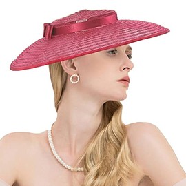 Sombrero clásico de Fascinators Pillbox para mujer, sombrero de paja Fedora de ala ancha para mujer, sombreros de derby de la iglesia Sinamay, Rojo vino, M