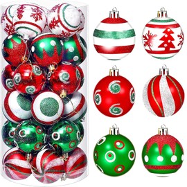 KAHEIGN 30Pcs Christmas Baubles, 6CM Red and Green Christmas Ball Ornaments Shatterproof Christmas Hanging Balls Sets for Christmas Tree Holidays Home Xmas Party Decoration (6 Styles)