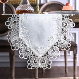ARTABLE Rectangle Fabric Lace Table Runner Table Runners with Exquisite Macrame Embroidery for Bridal Shower Wedding Party Decorations Long Dinner Tables (White, Table Runner 16" x 70")