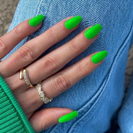 Green Short Coffin Press on Nails Medium Coffin Nails Press ons, Glue on Nails Short Fake Nails for Women, Ballerina T Shape Acrylic False Nails Natural Handmade Gel Nails Medium Square Nails