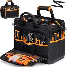 Electrician Tool Bag 17-Inch, 26-Pocket Large Tool Bags for Men Women with Waterproof Hard Bottom & Adjustable Shoulder Strap, Tool Bag Organizer for HVAC Craftsman Contractor Carpenter Electrician