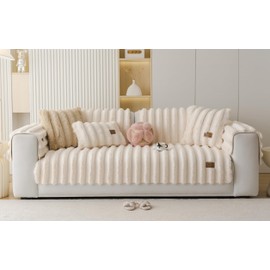 Huierxun Fuzzy Rabbit Plush Sofa Cover Thick Soft Fur Sectional Couch Cover Furry Fluffy Cushion Cover Non-Slip Sofa Slipcovers Vertical Stripe Furniture Protector for Dogs Cats(Cream,36"x47")