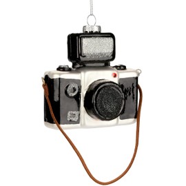 BRUBAKER Camera - Hand-Painted Glass Christmas Bauble - 10 cm Tree Ball for Photographers - Black Glitter - Mouth-Blown Christmas Tree Decoration - Funny Decorative Pendant