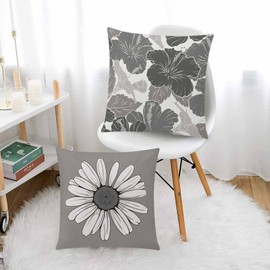 COMMINY Grey Pillow Covers 18x18 Set of 6 Decorative Daisy Flower Throw Pillow Cover for Couch Modern Cushion Cover for Patio Living Room Cushion Bed Outdoor Farmhouse Home Decor