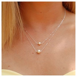 Inilbran Boho Layered Pearl Choker Necklace Silver Pearl Pendant Necklace Floating Pearl Necklace Choker Vintage Pearl Beaded Necklace Chain Jewellery for Women and Girls