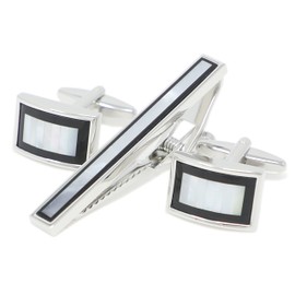 MENDEPOT Cufflinks And Tie Clip Set Men Wedding Accessory Gift Father's Day Birthday Cuff Links Tie Bar (Mother Pearl And Onyx)