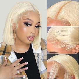 JFOOHD 613 Blonde Bob Wig Human Hair 13x4 Blonde Lace Front Wigs Human Hair Pre Plucked With Baby Hair HD Lace Frontal Wigs Human Hair 180 Density 10 Inch Short Straight Bob Wigs for Women