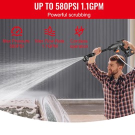 Happybuy Cordless Pressure Washer, 580-PSI 1.1 GPM Portable Power Cleaner, 4.0Ah Battery & Charger, Handheld High-Pressure Washer Gun, 6-in-1 Nozzle, for Car/Home/Floor Cleaning & Watering