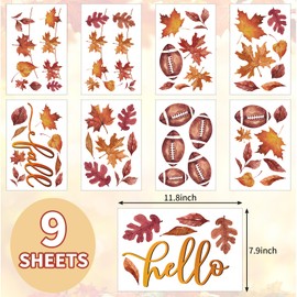 JarThenaAMCS 9 Sheets Hello Fall Wall Stickers Football Sports Maple Leaves Wall Decals Room Mural Stickers for Autumn Thanksgiving Home Classroom Party Decor, 7.9 x 11.8 Inch