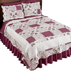 Collections Etc Hadley Floral Patchwork Reversible Lightweight Quilt, Burgundy, King