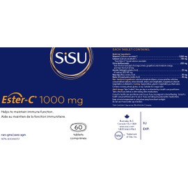 SISU Sisu Ester-C 1000mg Tablets, 24-hour Immune Support Vitamin C, Less Acidic, Better Absored & Rentained Than Other Forms of Vitamin C, 60 T, Vegan, Non-GMO, Gluten Free, Dairy Free, Soy Free