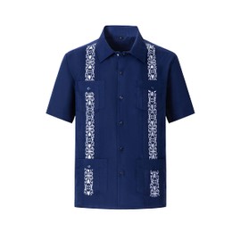 Men's Guayabera Shirts Short Sleeve Casual Snap Shirts(Navy 2XL)