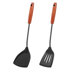 FJNATINH Silicone Wok Spatula and Ladle Tool Set,Non Stick Heat-Resistant Stainless Steel Cooking Utensils, Black, 2 Pieces