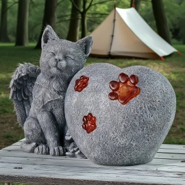 Solar Powered Cat Garden Statue with Memorial Stone Resin Cat Garden Statue with Love - Angel Wing Outdoor DecorColor: Gray, Size: M