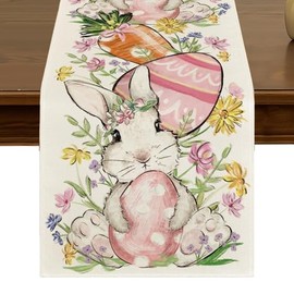 Easter Bunny Rabbit Egg Table Runner 13x72 Inch Spring Kitchen Flower Kitchen Dining Table Decor for Indoor Outdoor Farmhouse Home Party Decoration ZQ101