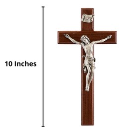Wooden Walnut Wall Cross Crucifix with Pewter Jesus Christ Corpus, Catholic Decor, 10 Inch