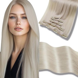 Hetto Clip in Hair Extensions Real Human Hair Platinum Blonde Invisible Straight Remy Clip in Hair Extensions 5pcs 80g 20 Inch #60