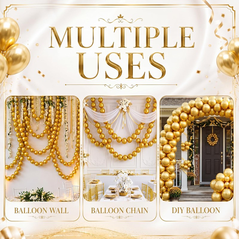 Gejoy 200 Pcs Link Balloons Latex Party Decor,Metallic Gold,10 Inch