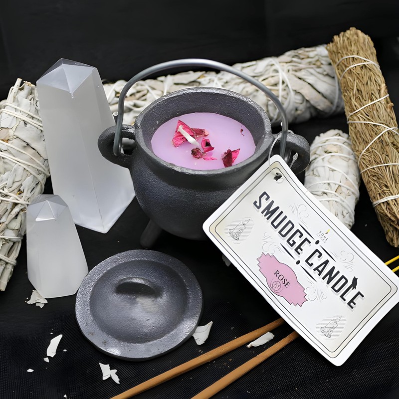 Reusable 4-Inch Cast Iron Cauldron Candle with Lid and Hanging