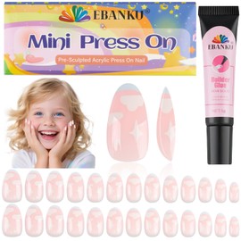 EBANKU 26 Pieces Press on Nails for Kids, Pink Almond Full Cover Acrylic Nail Tip Kit with Nail Glue Children Short Artificial False Nail Kits for Girls