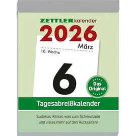 Zettler Daily Tear-off Calendar XL 2026 - Tear-off Calendar 8 × 11 cm, 1 Day per Page with Sudoku, Recipes, Puzzles & Tips on the Back, FSC Certified
