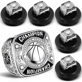 Remuuly Basketball Champion Rings Basketball Champion Trophy Rings Award Gift Prize with Display Neck Chain and Stand for Basketball Tournament or Champion Winner (Silver,6 Pcs)