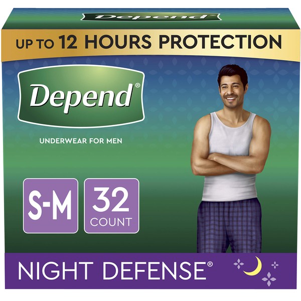 Depend Night Defense Adult Incontinence Underwear for Men, Overnight, Disposable, Small/Medium, 16 Count (Pack of 2) (Packaging May Vary)