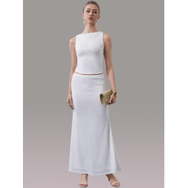 Yulaviniee Women's Summer 2 Piece Skirt Set White Lace Sleeveless Top & Maxi Skirt