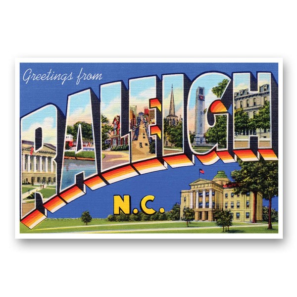 GREETINGS FROM RALEIGH, NC vintage reprint postcard set of 20 identical postcards. Large Letter Raleigh, North Carolina city name post card pack (ca. 1930's-1940's). Made in USA.