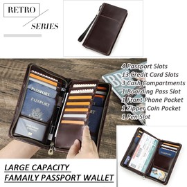 CONTACTS Men's Coffee Brown Leather RFID Blocking Family Passport Holder for 4 Passports with 13 Card Slots, 4 Passport Slots, 1 Boarding Pass Compartment, 1 Phone Pocket, 1 Coin Pocket, 1 Pen Holder