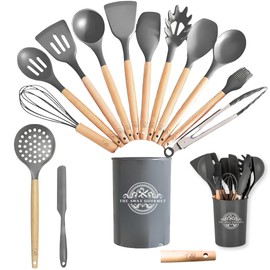 The Away Gourmet 14 Piece Kitchen Utensil Set, with Wooden Handles, Includes Spatula, Whisk, Slotted Spoon - 446°F Heat Resistant with Holder for Nonstick Cookware (BPA Free) (Grey)