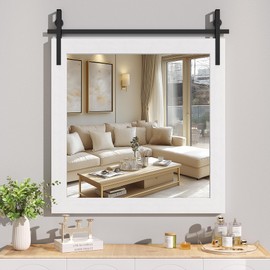 Hasipu Farmhouse Bathroom Mirror, 31"x31" Rustic Wood Framed Wall Mounted Mirror, White Vintage Vanity Mirror Barn Door Style Decrative Mirrors