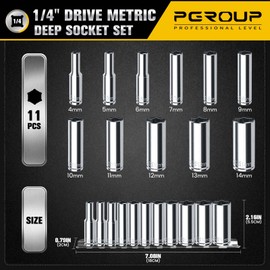 pgroup 1/4" Drive Deep Socket Set, 11PCS Metric Size Socket Set (4mm-14mm), 6-Point Design, Equipped with Storage Holder, Chrome Vanadium Steel