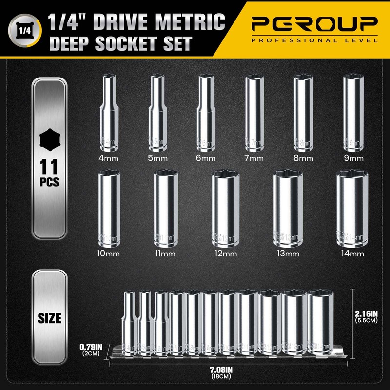pgroup 1/4" Drive Deep Socket Set, 11PCS Metric Size Socket
