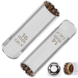 Plug Wrench, Magnetic Jig Joint Universal Socket, Set of 2 (0.6 inch + 0.6 inch (14 mm + 16 mm), 12 Square Thin Wall, 3/8 (9.5 mm) Insertion Angle, Low Profile, Replacement for Plugs for Import Cars