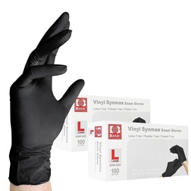 Jointown Vinyl Exam Gloves- 4 mil Safty Glove Latex-Free & Powder-Free, SGBE 8003 Synmax Disposable Medical Glove Large (2 Boxes of 100, Black)