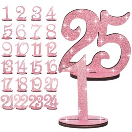 Burbell Glitter Table Numbers 1-25 Wooden Table Numbers for Wedding Reception Standing Seat Place Cards with Holder Base for Wedding Party Event Catering Receptions Banquets(Rose Gold)