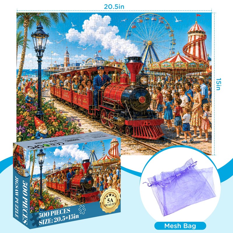 500 Piece Puzzle for Adults, Vintage Train Amusement Park Jigsaw