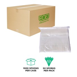 ECO PRODUCTS Compostable CPLA 6" Plastic Sporks, Case of 1000, Disposable White Spoon, Plantware Cutlery, Renewable Material Made from Plants, Sturdy and Strong, BPI-Certified