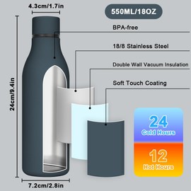 flintronic 550ml Trinkflasche mit Gurt, Edelstahl Trinkflasche Hält 24 Stunden Kalt / 12 Stunden Heiß, Doppelwandige Vakuum Wasserflasche, BPA-frei, Auslaufsichere (Dunkel Blau)
