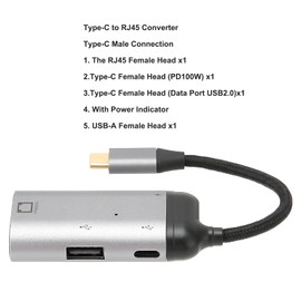 USB-C to Ethernet Adapter, Type-C to RJ45/65W PD/Type-C/USB2.0 Gigabit Ethernet 10/100/1000Mbps LAN Network Adapter for Pro Air 2019/2018/2017 etc.