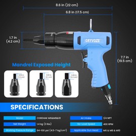 GRYVOZE Pneumatic Rivet Nut Gun Kit with 11PCS M6 M8 M10 Mandrels, Industrial Grade Air Rivnut Tool Set with Self-Locking Head Gun, Air Riveter Nut Gun for Threaded Nutsert Insert Installation